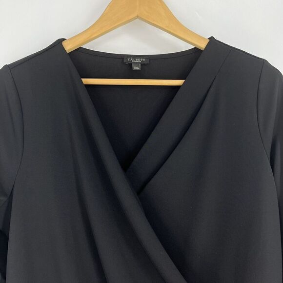 Talbots Shirt Size 1X Petite Womens Black Faux Wrap 3/4 Sleeve Top Draped Blouse - Picture 2 of 6
